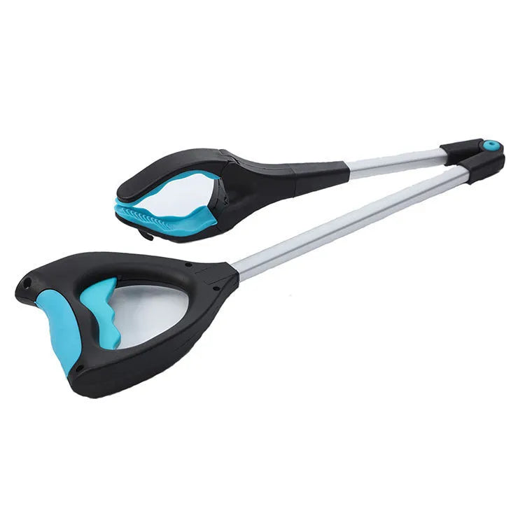 Blue foldable litter picker tool with TPR handle shown extended to its full 83.5 cm length.