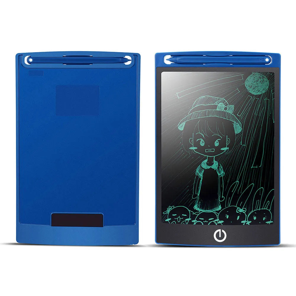 Black LCD writing tablet with ABS frame and blue-green display, 8.5 inch screen, side view showing slim profile