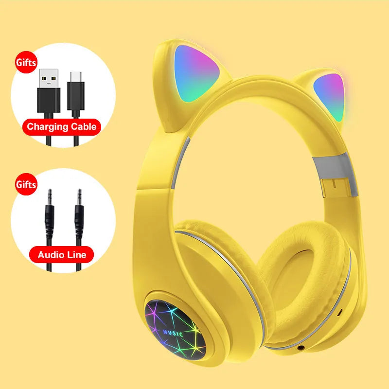 Cat ear style wireless Bluetooth sports headset shown in multiple colours on a person's head