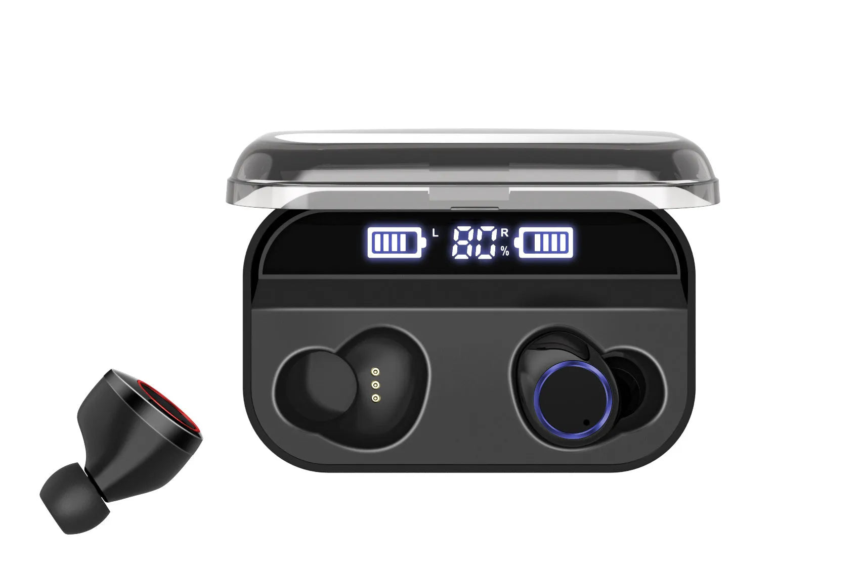 Black X11 Bluetooth wireless earbuds with charging case and six silicone ear tips