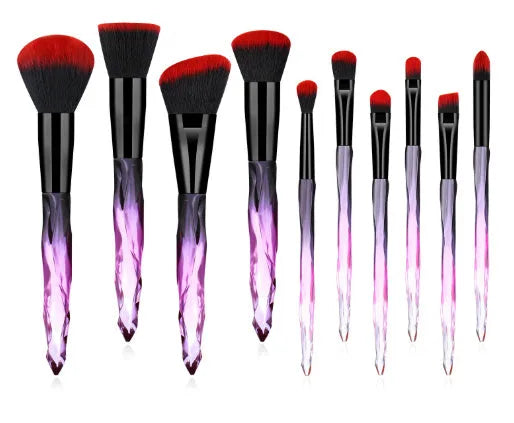 Ten crystal-handle foundation brushes with artificial fibre bristles in black, blue, red, and yellow colour options
