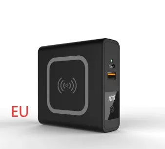 Black and white 10000mAh power bank with QI wireless charging and a set of international plug adapters
