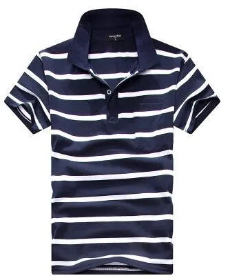 Men's striped short sleeved T-shirt with real pocket in loose fit, front view