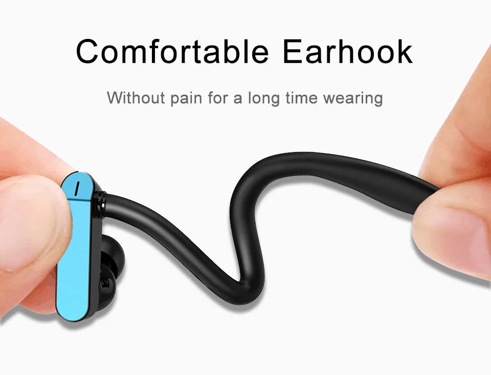 Black and blue sport earphones with over-ear hooks and silicone earbuds, showing the in-line microphone.