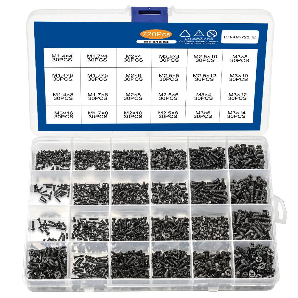 Black countersunk head machine screws for laptop repair in a box, showing cross-drive groove.