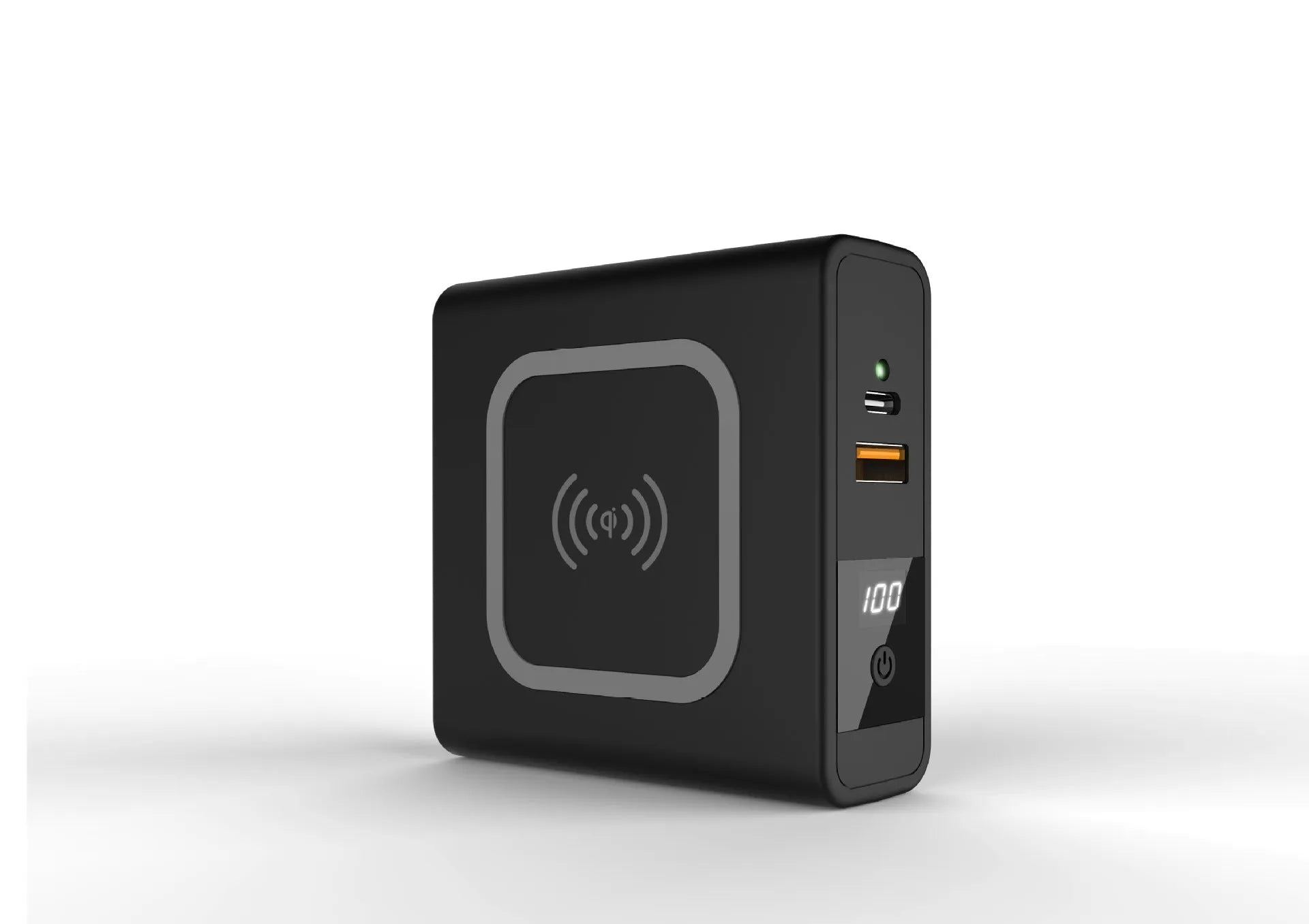 Black and white 10000mAh power bank with QI wireless charging and a set of international plug adapters