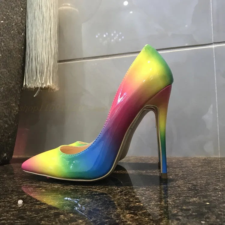 Rainbow patent leather women's high heels with pointed toe and thin stiletto heel in 10cm or 12cm height options