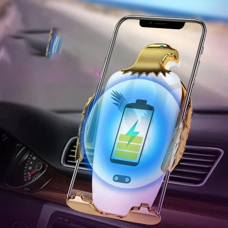 Wireless charging car phone holder with suction cup mount in gold and black colour combination