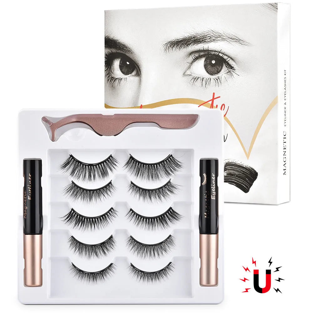 Magnetic false eyelashes set with 5 pairs of handcrafted imported fiber lashes and 2 mascara tubes in packaging