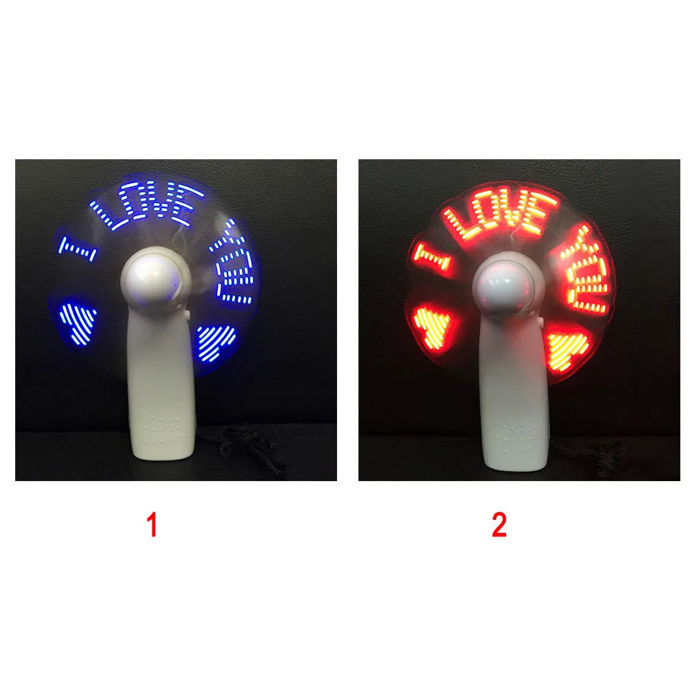 White handheld mini fan with flashing blue and red LED love pattern lights