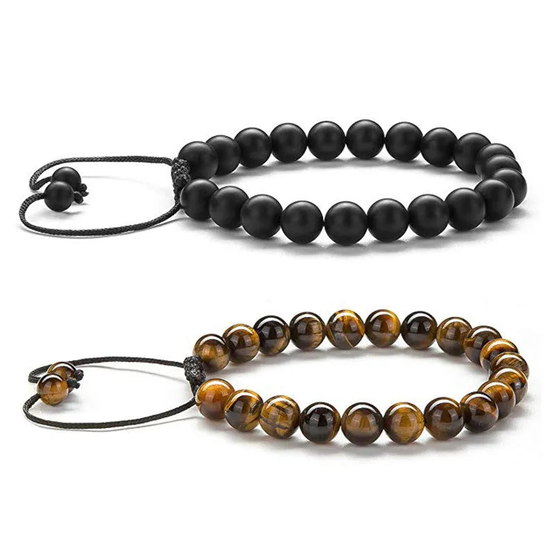 Tiger Eye agate couple bracelets with geometric beads in matte black finish