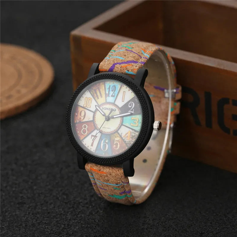 Women's vintage casual quartz watch with brown leather strap and 37mm round silver dial