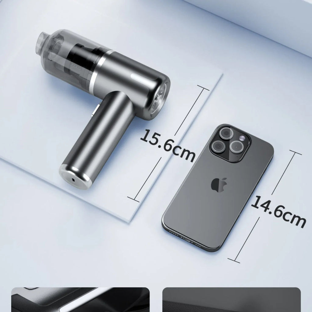 XY-2317 handheld cordless car vacuum cleaner with brush and nozzle attachments on a car seat.