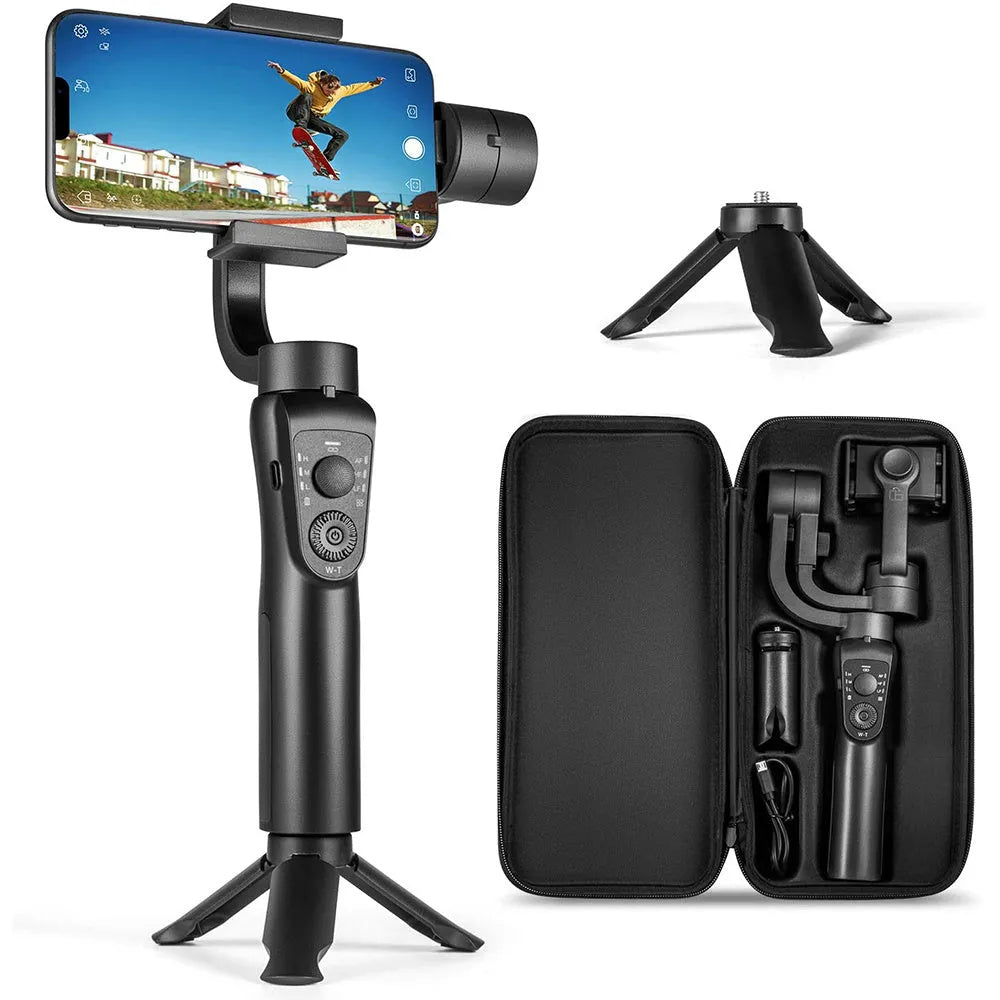 Black three-axis handheld gimbal stabilizer for mobile phones with tripod and cases