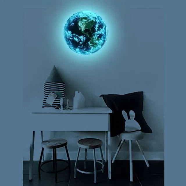 Glow in the dark 3D planet Earth wall sticker on a dark blue background, showing its luminous effect.