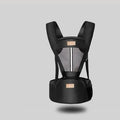 Multifunctional baby carrier in black, 100% cotton, with waist support and three carrying positions for newborn to toddler