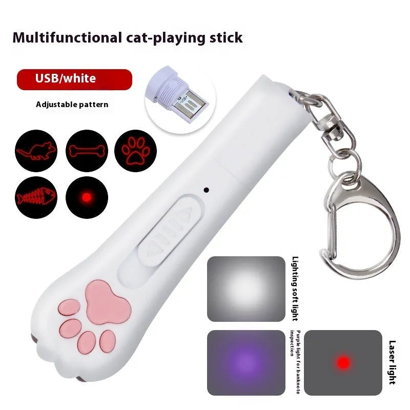 Infrared cat teasing wand with laser pointer and LED moonlight lamp showing pet footprints design
