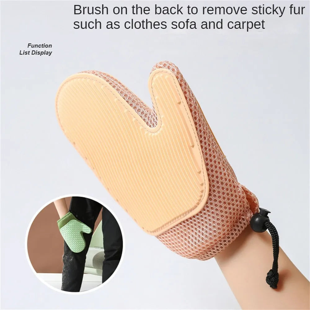Right-handed pet hair removal glove in blue, green, or yellow for grooming dogs and cats.
