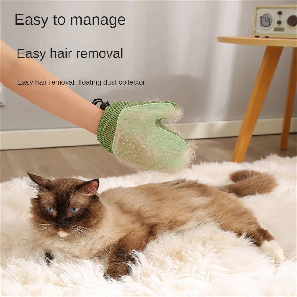 Right-handed pet hair removal glove in blue, green, or yellow for grooming dogs and cats.