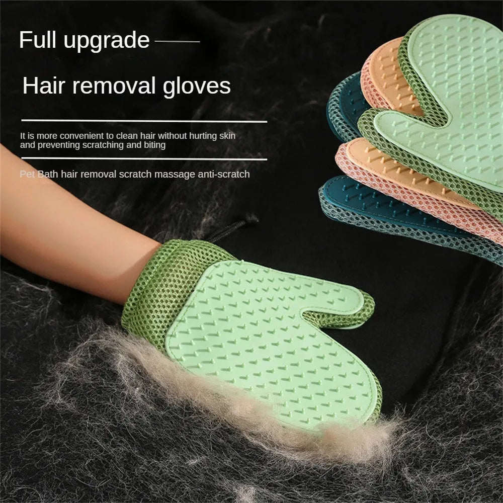 Right-handed pet hair removal glove in blue, green, or yellow for grooming dogs and cats.