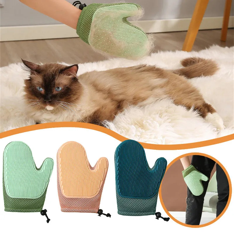 Right-handed pet hair removal glove in blue, green, or yellow for grooming dogs and cats.