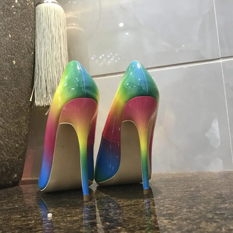 Rainbow patent leather women's high heels with pointed toe and thin stiletto heel in 10cm or 12cm height options