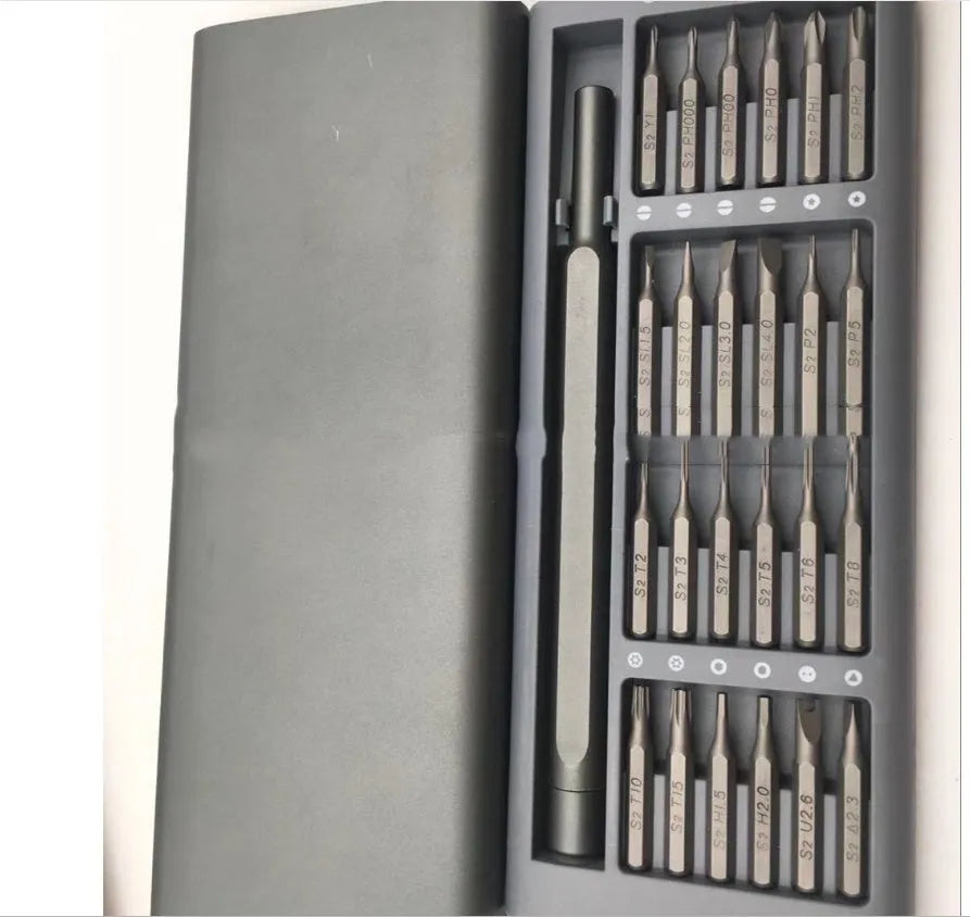 24 in 1 S2 steel precision screwdriver set with gray aluminum handle and magnetic bits