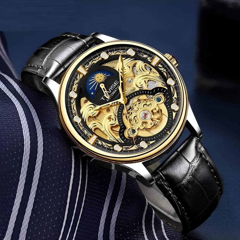 Men's gold and white leather strap automatic waterproof business watch showing 16mm thickness