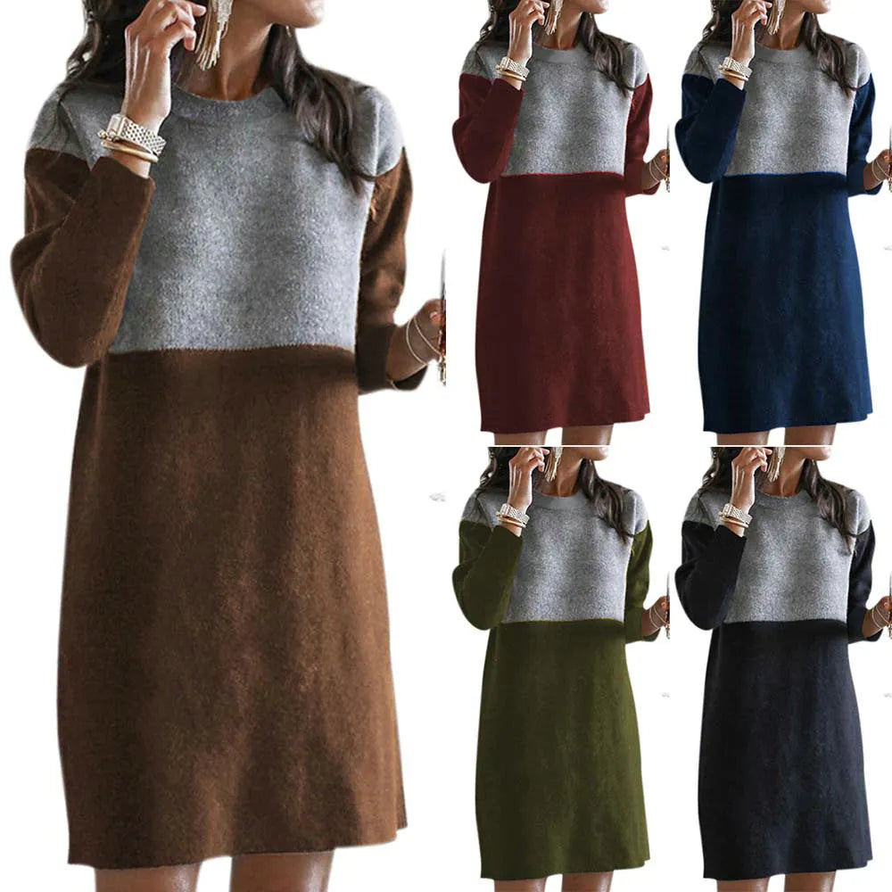 Brown women's loose-fitting patchwork long sleeve dress with a round neck and art retro collage stitching.