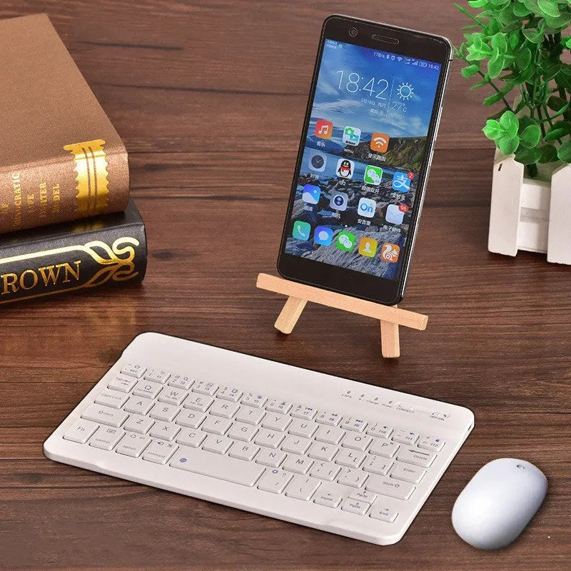 Black and white mini Bluetooth wireless keyboard shown in 7-inch, 9-inch, and 10-inch size options.