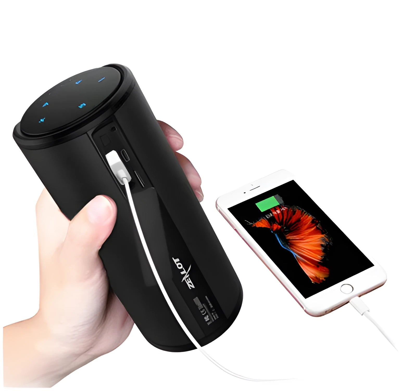 Bluetooth speaker in black, blue or red colours showing compact 72x72x170mm dimensions