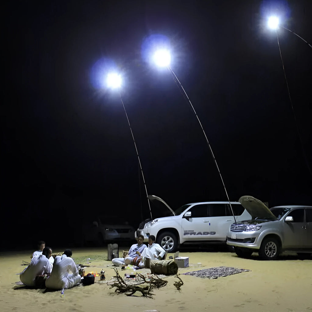 White LED fishing light panel on a tall telescopic pole with a wireless remote control