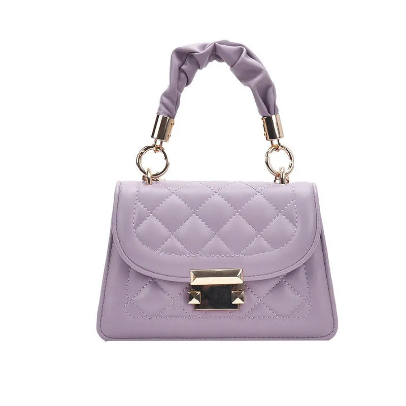 Women's Korean-style shoulder bag with rhombus pattern in purple colour showing crossbody wearing style