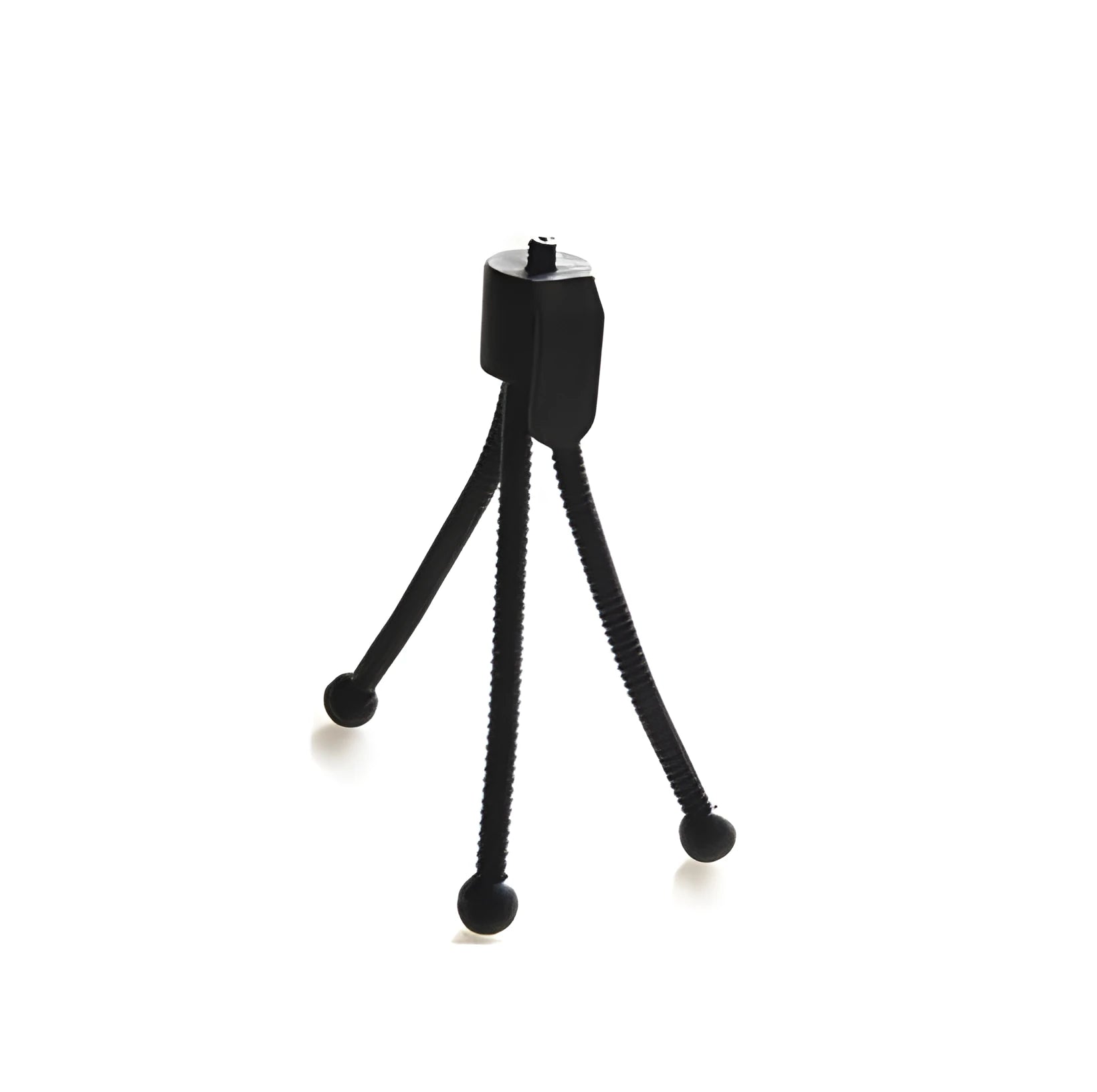 Compact black iron frame mini desktop tripod with a ball head, shown folded and extended next to a smartphone.
