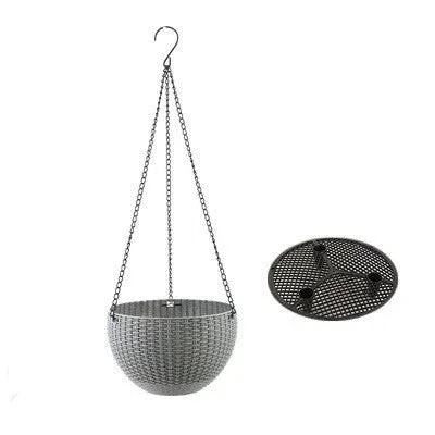 Plastic hanging basket planter with chain in one of seven colours: black, blue, bronze, green, grey, red, or white.