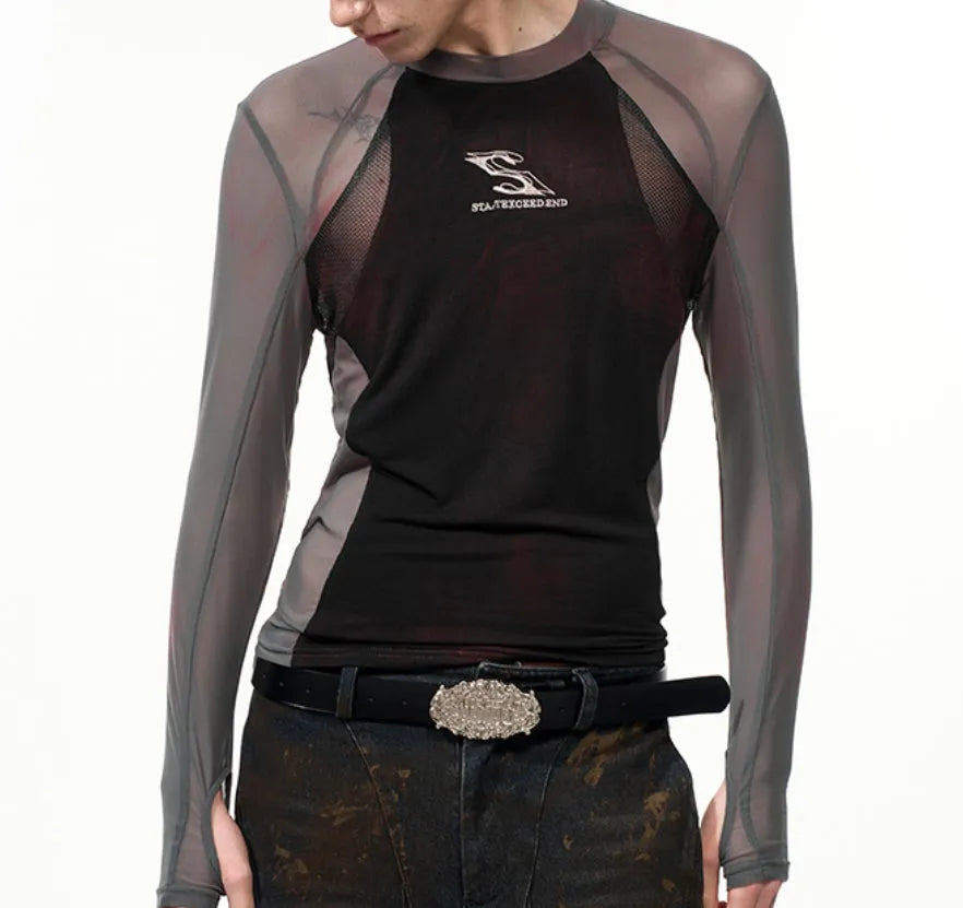 Women's tight mesh stitching long sleeve top in Korean style with round neck and regular length