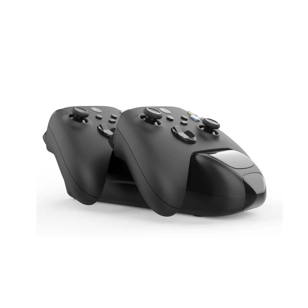 Black Xbox Series X dual controller charging dock with two battery packs and a Type-C cable.