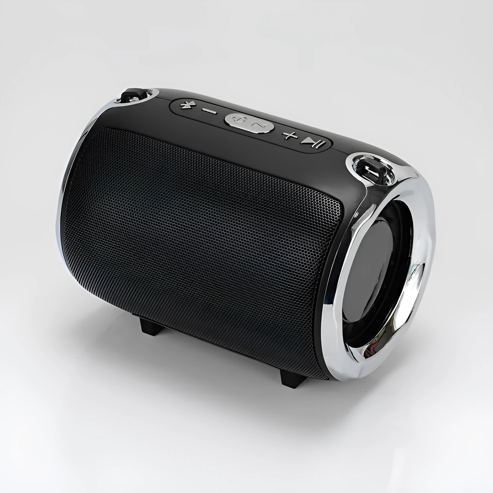 Portable metal subwoofer speaker with buttons in black, blue, gold, red, or silver colours.