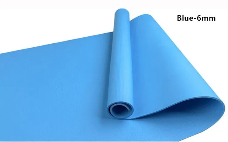 EVA yoga mat in blue showing thickness options of 4mm and 6mm with non-slip texture