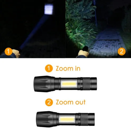 Black aluminium alloy telescopic LED flashlight with adjustable zoom focus and pocket clip