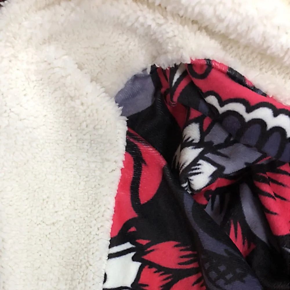 Round and rectangular flannel burrito blankets in various sizes with food-themed print.