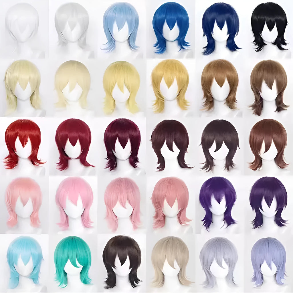 Men's short black anime-style cosplay wig on a stand