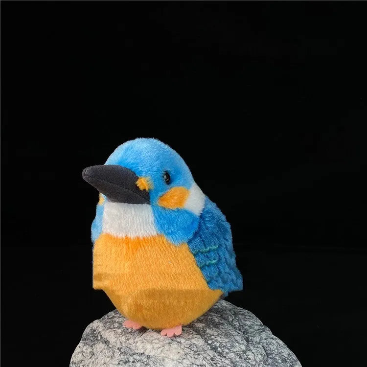 Plush bird decompression ball toy in Kingfisher design, 14cm height, on a desk
