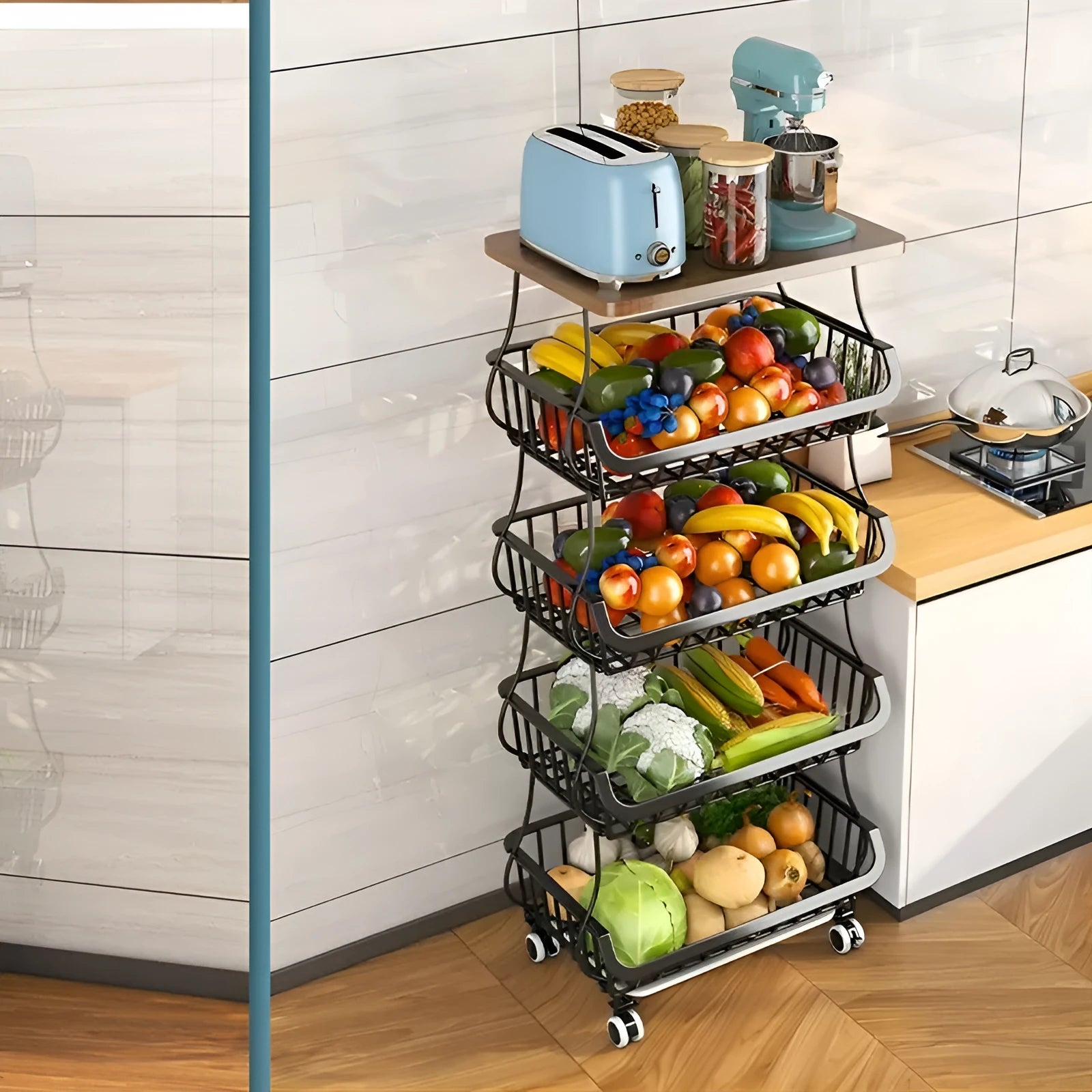 Black six-tier freestanding kitchen storage rack with a carbon steel frame on a hard floor.