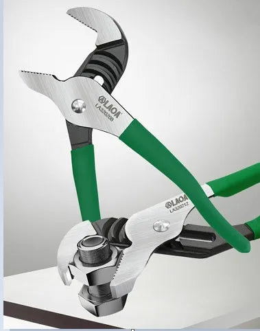 Adjustable water pipe wrench set showing four size options with CR-V steel construction and multi-gear adjustment mechanism
