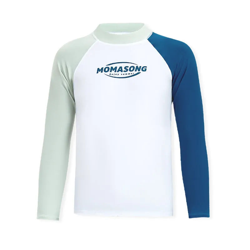 Men's white long-sleeved swim top with matching blue double-layer swim trunks on a beach.