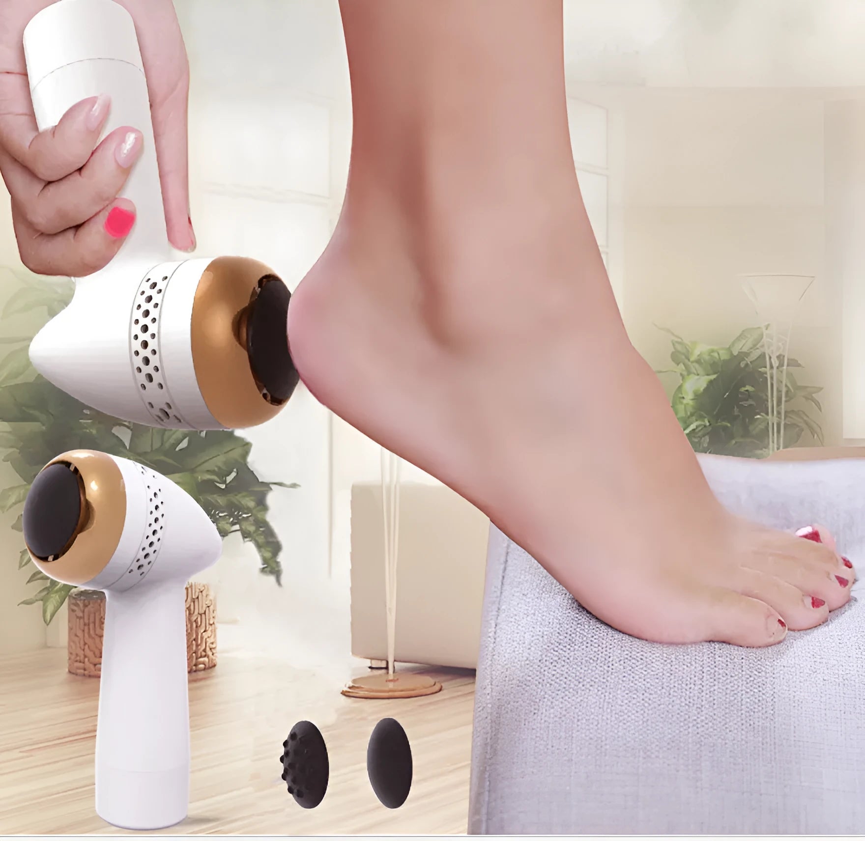 Electric vacuum foot grinder with quartz grinding head in metallic colour options.