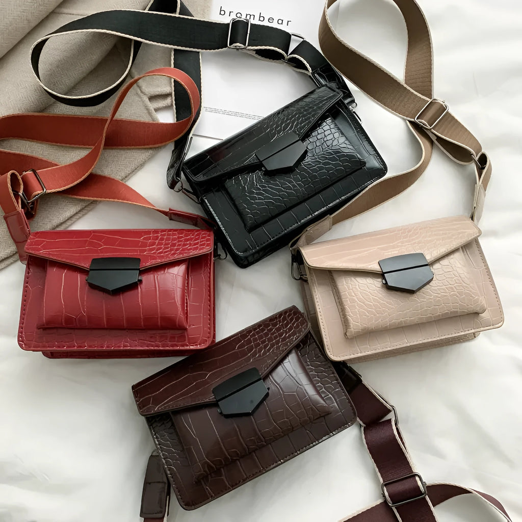 Vintage-style black PU leather crossbody bag with adjustable strap