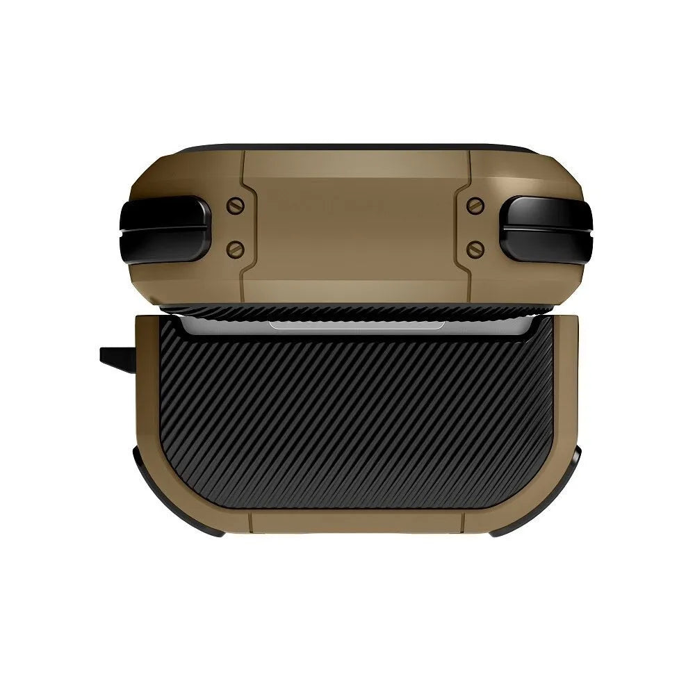 Black TPU and PC protective shell on an AirPods Pro charging case.