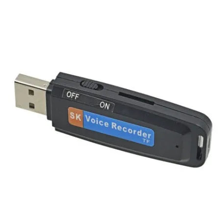 SK-001 black and white USB flash drive with voice recording function showing front and side views